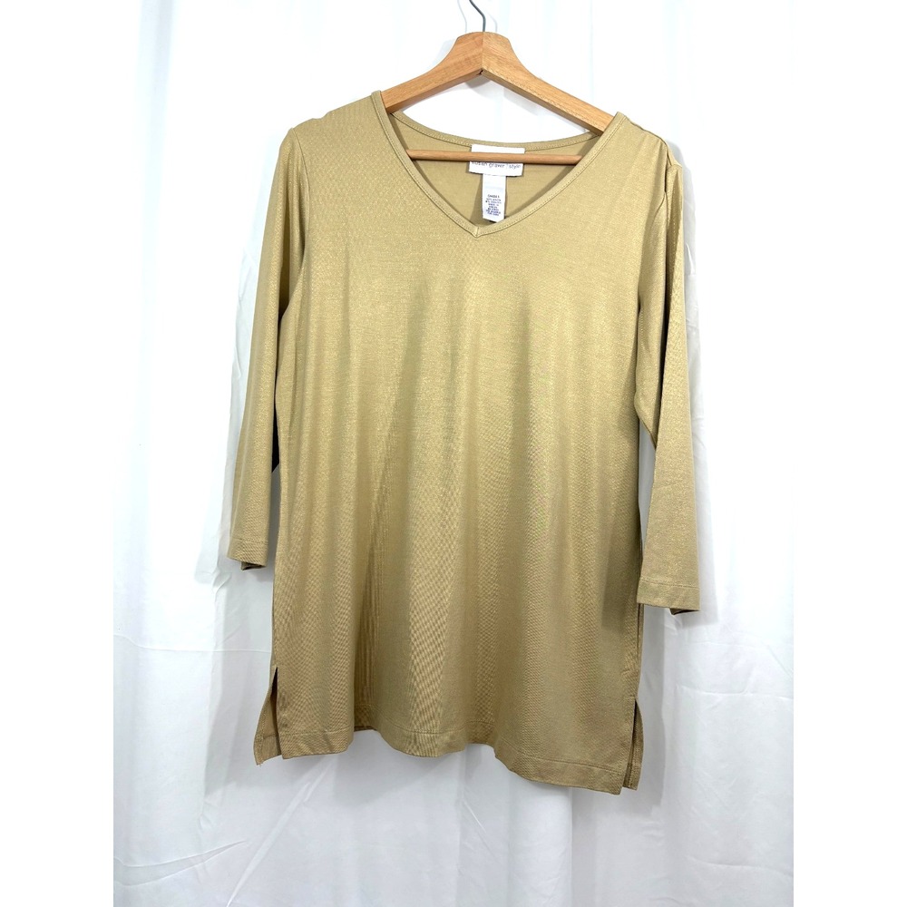 NWT Susan Graver Gold Shimmer 3/4‎ Sleeve Shirt, Size Small